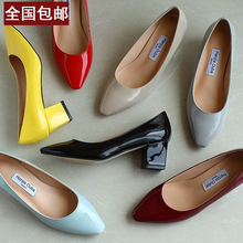 16春季韩版新款百搭尖头粗跟中跟单鞋浅口简约方跟漆皮小码33女鞋