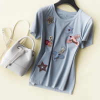 基本款的版型 飞鸟五角星贴布装饰 棉质圆领短袖套头T恤 女_250x250.jpg