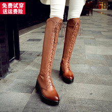 2016韩版新款真皮过膝长靴瘦腿弹力靴圆头平底松糕中跟高筒女靴子