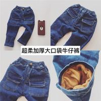 独家定制2016牛仔蓝双口袋大口袋韩国版型 加绒加厚童裤_250x250.jpg