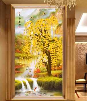 中式流水生财3D发财树九条鱼玄关背景墙墙纸壁纸壁画墙布