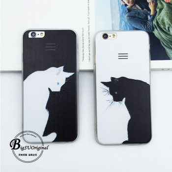 苹果6s简约黑白猫手机壳 情侣iphone6 plus日系浮雕 原创意保护套