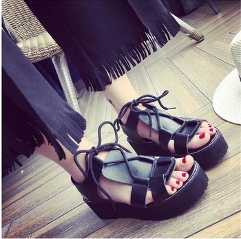 欧洲站2016夏季原宿风女学生坡跟松糕凉鞋系带露趾厚底中跟罗马鞋