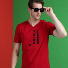2016夏季新款男字母印花修身显瘦韩版t恤红色纯棉V领修身简约短袖