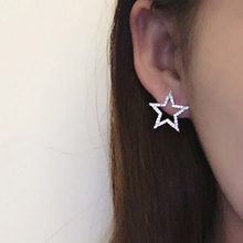 韩国时尚镂空镶钻星星925银耳钉女可爱气质五角星耳环简约防过敏