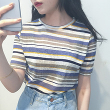 夏季女装韩版甜美学院风短袖T恤彩色条纹冰丝棉韩范学生上衣