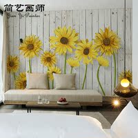 手绘小清新木板向日葵背景墙装饰画卧室客厅壁画墙布沙发电视墙_250x250.jpg