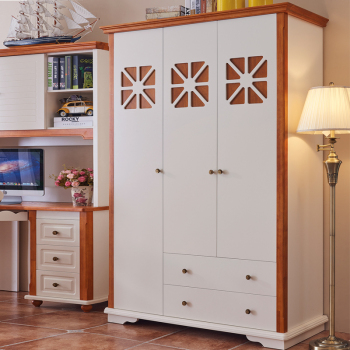 地中海 三门 实木结构 衣柜 白色衣橱实木衣柜欧式大衣柜木质