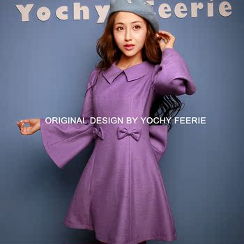 【YOCHY FEERIE】 高级定制紫色毛呢翻领喇叭袖收腰蝴蝶结连衣裙