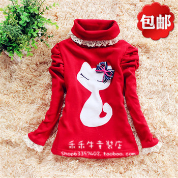 女童秋冬儿童装韩版卡通小猫高领打底衫加厚保暖加绒卫衣T恤