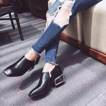 韩版2016秋季新款方头粗跟单鞋女中跟真皮黑色女式高跟鞋休闲女鞋