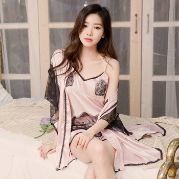 2017夏韩国睡衣女性感蕾丝吊带短裤套装三件套仿真丝甜美公主睡衣