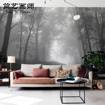 北欧意境背景墙装饰画自然风格黑白森林墙纸大型电视墙壁画壁纸3D