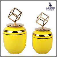 新中式样板间客厅酒柜装饰品摆件黄色陶瓷罐组合 软装陶瓷工艺品_250x250.jpg