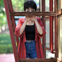 九氼原创2016年夏季新款 七分袖红色纯棉复古条纹和风外套开衫女_250x250.jpg