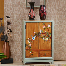新中式香樟木彩绘双门柜实木家具小户型鞋柜新古典复古做旧玄关柜