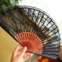 日式和风日本折扇和服扇子竹柄单面双层蕾丝黑色红骨舞蹈扇_250x250.jpg