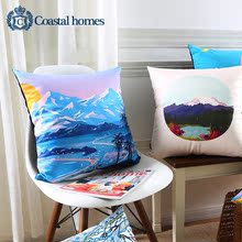 Coastal Homes 日式风格沙发抱枕 富士山彩绘装饰靠垫靠枕腰靠