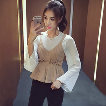 2016秋季韩版新款荷叶袖雪纺衫+吊带针织衫修身两件套上衣女潮