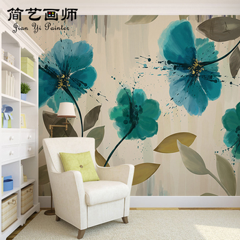 大型定制无缝壁画手绘蓝色艺术水彩花客厅卧室卉背景墙装饰墙纸