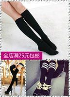 男女士袜子 及膝过膝长高筒袜子纯黑白色靴袜棉靴袜腿套三条杠_250x250.jpg