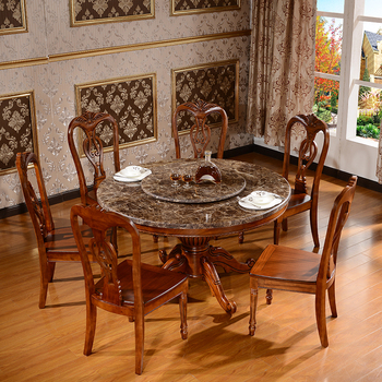 美式餐桌圆桌欧式实木餐桌椅组合 大理石圆形餐桌 小户型吃饭桌子