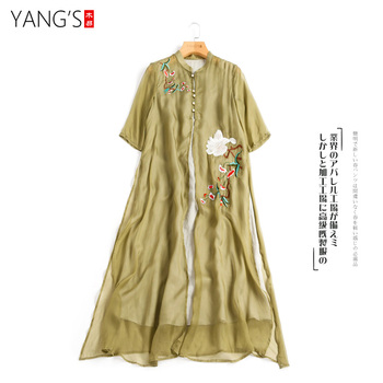 夏季真丝桑蚕丝重工刺绣中国风内亚麻中式短袖旗袍连衣裙C26A51