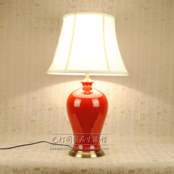 新中式酒红色陶瓷台灯 景德镇陶瓷台灯 家居卧室样板房床头台灯