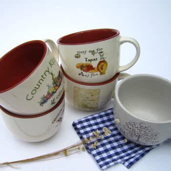 西式陶瓷汤杯带盖大容量早餐杯 燕麦杯红土田园风杯子麦片碗包邮