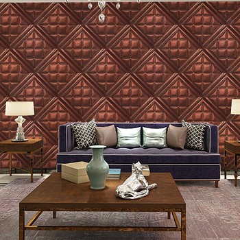 3d立体现代奢华欧式菱形软包墙纸酒红色客厅卧室电视墙背景墙壁纸