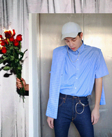 G-WHEN 17春夏 原创设计 男士蓝色条纹假两件宽松短袖衬衣 假袖子_250x250.jpg