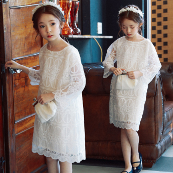 女童蕾丝连衣裙春装韩版中大童长袖镂空公主裙儿童气质直筒白裙子