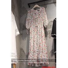 韩国东大门代购女装2016新款甜美印花V领荷叶边中长款连衣裙夏季