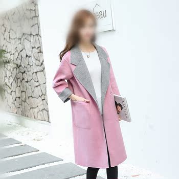 2016秋冬新款韩版精品女装中长款纯手工双面呢大衣双色毛呢外套