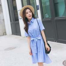 2016夏装新款韩版中长款蝴蝶结短袖蓝色条纹裙子女学生衬衫连衣裙