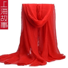 上海故事披肩丝巾沙滩巾红色纯色雪纺纱巾女长款春秋夏季围巾披巾