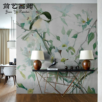 现代简约北欧客厅背景墙壁纸 手绘蓝色墙纸 玄关定制花鸟油画壁画_250x250.jpg