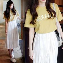 2016夏季韩版女装字母短袖T恤+百褶中长款小清新雪纺两件套连衣裙